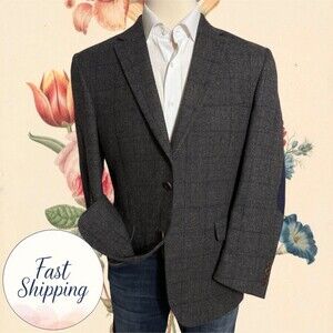 JOS A BANK Tailored Mens 42R Gray Blue Wool Blazer Sport Coat Two Button Jacket